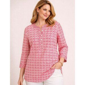 Talbots Womens Popover Blouse Top Red Floral Medallion Print Cotton Petite Mp